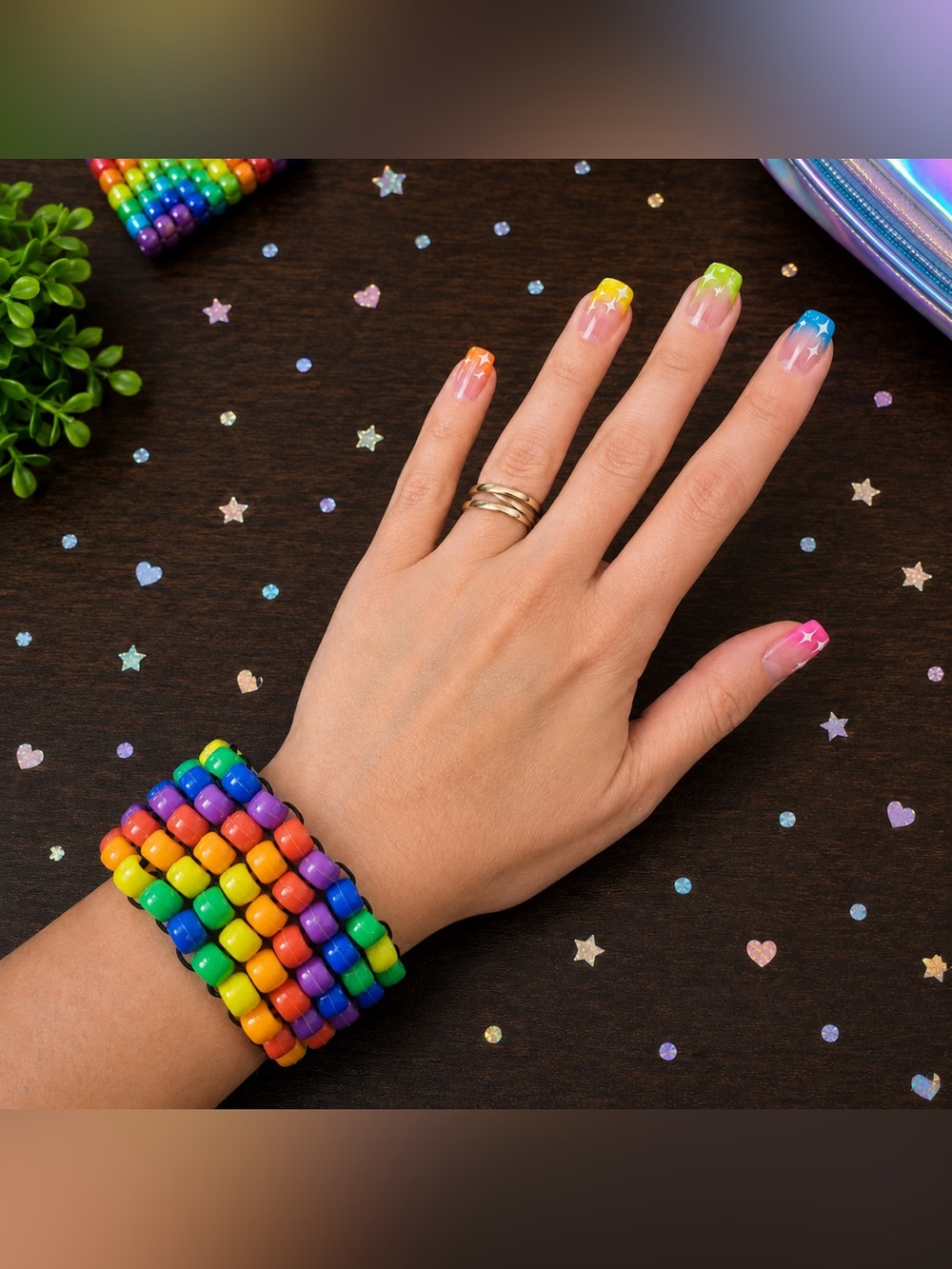 Festival Rainbow glow Kandi kid bracelet cuff “rainbow brite” color theme.